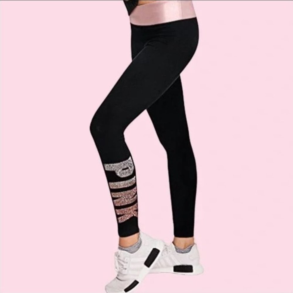 Victoria's Secret PINK Bling Yoga Leggings Ombre Rose Gold Sequin Logo Pants